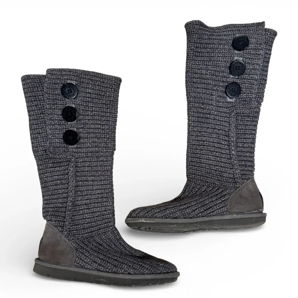 UGG Classic Tall Cardy Knit Sweater Boots Gray Cozy Winter Boho Boot Size 7